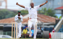 Guyana Jaguars medium pacer Chris Barnwell celebrates another wicket during his five-wicket haul against Red Force at Queen’s Park Oval yesterday. (Photo courtesy WICB Media)