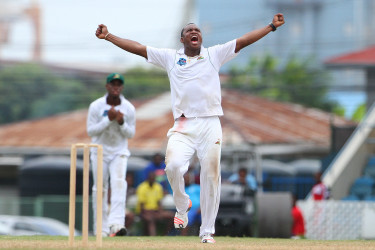 Guyana Jaguars medium pacer Chris Barnwell celebrates another wicket during his five-wicket haul against Red Force at Queen’s Park Oval yesterday. (Photo courtesy WICB Media)