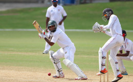 Assad Fudadin plays the ball behind square on the off-side on the second day of the fourth round match between Trinidad & Tobago Red Force and Guyana Jaguars in the WICB Professional Cricket League Regional 4-Day Tournament yesterday at Queen’s Park Oval.  (Photo courtesy WICB Media)