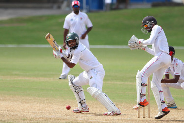 Assad Fudadin plays the ball behind square on the off-side on the second day of the fourth round match between Trinidad & Tobago Red Force and Guyana Jaguars in the WICB Professional Cricket League Regional 4-Day Tournament yesterday at Queen’s Park Oval.  (Photo courtesy WICB Media) 