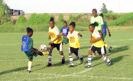 Semi-final action between St Stephen’s and South Ruimveldt at the Ministry of Education ground in the 2nd Smalta/Ministry of Public Health Girls U-11 Football Championship
