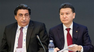 Deputy President of the World Chess Federation (FIDE) Georgios Makropoulos (left) and President Kirsan Ilyumzhinov during the transfer of the office of the presidency of FIDE. Ilyumzhinov has been sanctioned by the US Department of Treasury in relation to his alleged involvement with the government of Syria.