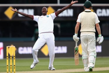 West Indies Captain Jason Holder appeals unsuccessfully during the First Test match between Australia and the West Indies in Hobart, Australia. (Cricket Australia photo)