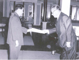 Flashback: April 30, 1971, Ambassador of the Union of Soviet Socialist Republics to Guyana S.S.Mikhailov (right) presenting his credentials to the then President of Guyana, Arthur Chung.