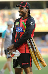 Gayle sporting his new bat (picture courtesy news corp Australia)  