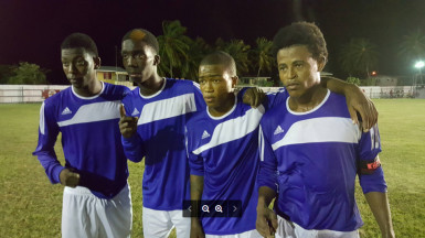 New Amsterdam United’s scorers from left to right-Jermaine Samuels, Keon Williams, Jamal Butts and Lenardo Adams posing for the camera following their 7-0 drubbing of Black Water FC in the Banks Beer Football Championship Saturday at the Number Five ground.