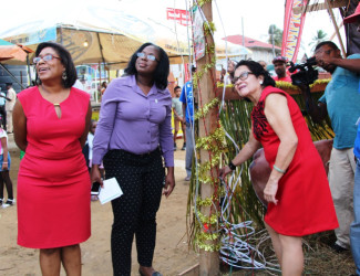 First Lady Sandra Granger (right) turning on the tree. Minister of Tourism, Cathy Hughes is at left. (Ministry of the Presidency photo) 