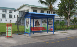 For your comfort: A Pyramid Shelter and Outbranding bus shed at Croal and Camp streets. The shed is accompanied by a garbage bin and a seat to accommodate four persons. 