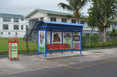 For your comfort: A Pyramid Shelter and Outbranding bus shed at Croal and Camp streets. The shed is accompanied by a garbage bin and a seat to accommodate four persons. 