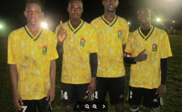 Amelia’s Ward Scorers from left to right, Jevon Babb, Marlon Simon, Ray Babb-Semple and Kevin Powell following their lopsided win over Botofago Sunday at the Mackenzie Sports Club ground, Linden.