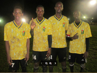 Amelia’s Ward Scorers from left to right, Jevon Babb, Marlon Simon, Ray Babb-Semple and Kevin Powell following their lopsided win over Botofago Sunday at the Mackenzie Sports Club ground, Linden. 