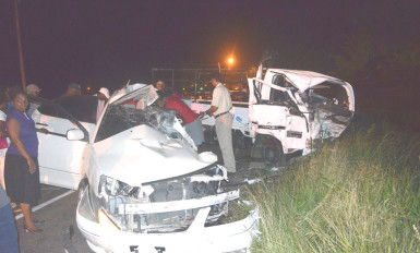 The two vehicles involved in the accident at the scene last night. (Photo by Dhanash Ramroop)