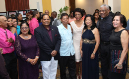 President David Granger (second from right) with from left: Sita Nagamootoo, Prime Minister Moses Nagamootoo, Stanley Ming, Audrey Ford, Michele Ming and First Lady Sandra Granger  at Mings Products and Services’ (MPS) 25th anniversary celebration at the Pegasus Hotel. 