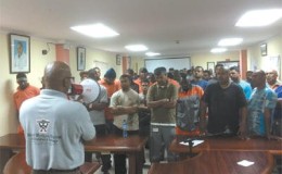 President of the Steel Workers Union, Christopher Henry, addresses employees of ArcellorMittal at the union’s headquarters yesterday.