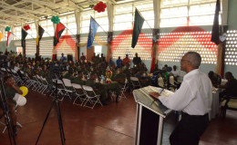President David Granger speaking at Base Camp Ayanganna's Christmas Lunch today.
