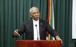 President David Granger during his address to Members of Parliament at the Ministry of the Presidency today (Ministry of the Presidency photo)
