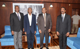 President David Granger (second from left) today met Opposition Leader Bharrat Jagdeo (third from left) to discuss a nominee to act as Chief Justice when Justice Ian Chang goes into retirement. Also in this Ministry of the Presidency photo are Minister of State Joseph Harmon (left) and Attorney General Basil Williams.
