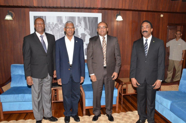 President David Granger (second from left) today met Opposition Leader Bharrat Jagdeo (third from left) to discuss a nominee to act as Chief Justice when Justice Ian Chang goes into retirement. Also in this Ministry of the Presidency photo are Minister of State Joseph Harmon (left) and Attorney General Basil Williams.