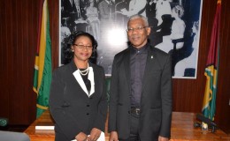 New acting Chief Justice Yonette Cummings-Edwards and President David Granger (Ministry of the Presidency photo)