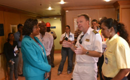 Minister of Tourism Cathy Hughes and the captain of the Minerva, Neil Broomhall and other tourism stakeholders (GINA photo)