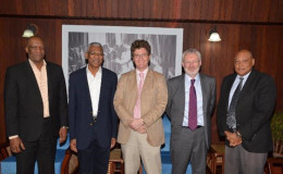 From L-R- are Minister of State, Joseph Harmon; President David Granger; British High Commissioner, Greg Quinn; SEA Manager of Tullow Oil plc, John McKenna and Minister of Governance, Raphael Trotman. (GINA photo)