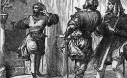 An artist’s illustration of Shakespeare’s porter scene in Macbeth
