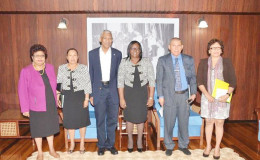 From left to right are Minister of Social Cohesion, Amna Ally; Minister within the Ministry of Communities, Dawn Hastings; President David Granger; Minister within the Ministry of Health, Dr. Karen Cummings; Health Minister, Dr. George Norton and Minister within the Ministry of Indigenous Peoples Affairs, Valerie Garrido-Lowe at the meeting. (Ministry of the Presidency photo)