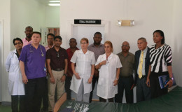 Minister of Public Health Dr. George Norton (second from right) and staff of the Leonora Hospital in Region 3 during his visit yesterday. (Government Information Agency photo)