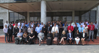 The state prosecutors and police officers involved in the four training courses. Among those seated are Attorney General Basil Williams (fourth left), Director of Public Prosecutions (DPP) Shalimar Ali-Hack (fifth left) and Canadian Charge d’Affairs Sharmini Poulin (second right). (Photo courtesy of the DPP’s chambers).