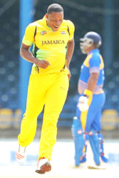 Sheldon Cottrell celebrates taking the wicket of Kyle Corbin during the Barbados Pride innings on Monday. (Photo courtesy WICB Media)  
