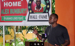 Guyana-born and Canada football great Alex Bunbury addresses the gathering at the Pegasus Hotel during his first press briefing upon his return to Guyana after 40 years overseas in the quest to set up the Alex Bunbury Sports and Academics Academy.