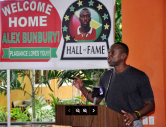 Guyana-born and Canada football great Alex Bunbury addresses the gathering at the Pegasus Hotel during his first press briefing upon his return to Guyana after 40 years overseas in the quest to set up the Alex Bunbury Sports and Academics Academy. 