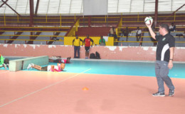 GFF Technical Director Claude Bolton in the process of conducting a physical session during the three day trials at the National Gymnasium on Mandela Avenue.
