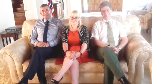 From left to right are Ian Hansen, member of the Legislative Assembly of the Falkland Islands, Public Relations and Media Manager Krysteen Ormond, and  British High Commissioner Greg Quinn.