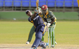 CCC Marooners’ Rovman Powell hits out during his top score of 71 against Windward Islands Volcanoes in the Regional Super50 on Friday. (Photo courtesy WICB Media) 