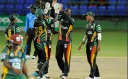The Guyana Jaguars limited overs cricket team, seen celebrating the fall of wicket, above, is looking to end the 11-year limited overs title drought in  this year’s NAGICO Super 50 competition. (Photo courtesy WICB media)

