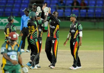 The Guyana Jaguars limited overs cricket team, seen celebrating the fall of wicket, above, is looking to end the 11-year limited overs title drought in  this year’s NAGICO Super 50 competition. (Photo courtesy WICB media) 