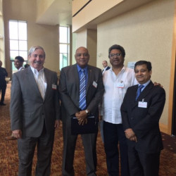 From left are Jeff Simmons, Country Manager for ExxonMobil Guyana; Minister of Natural Resources, Raphael Trotman; Dr. Edris Dookie of Mid Atlantic Co. (Guyana) and Dr. Riyad Insanally, Country Representative of the Organisation of American States in Trinidad and Tobago (GINA photo)   