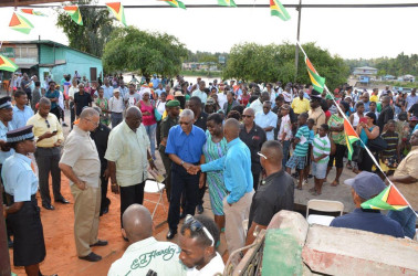 President David Granger was warmly received by the residents of Region Ten- Upper Demerara- Berbice at Saturday’s event in the mining town of Linden.   (Ministry of the Presidency photo) 