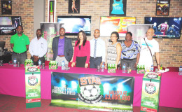 GFF President Wayne Forde (third from left) and ANSA McAL PRO Darshanie Yussuf (fourth from left) along with others during yesterday’s launching.
