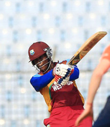 Keemo Paul goes on the attack during his top score of 65 for West Indies Under-19s yesterday. (Photo courtesy ICC)  