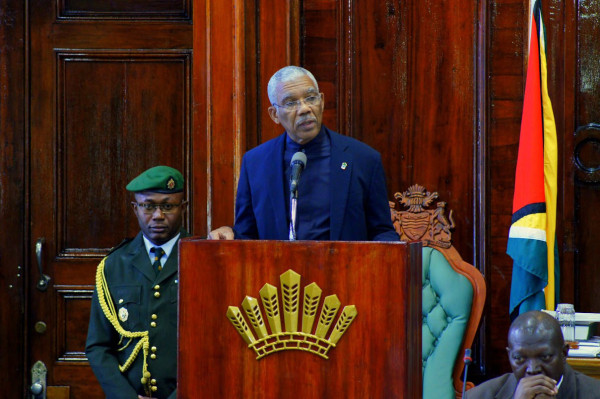 President David Granger addressing Parliament today. (Ministry of the Presidency photo)