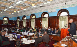 President David Granger addressing Parliament today. (Ministry of the Presidency photo)