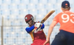 Keemo Paul goes on the attack during his top score of 65 for West Indies Under-19s on Friday. (Photo courtesy ICC)