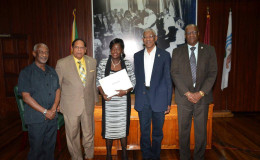 From L-R- Minister within the Ministry of Social Protection, Keith Scott; Prime Minister Moses Nagamootoo; Minister within the Ministry of Communities, Valerie Adams-Patterson; President David Granger, and Minister of State, Joseph Harmon after Adams-Patterson was sworn in today at the Ministry of the Presidency. Adams-Patterson is also a member of Cabinet. (Ministry of the Presidency photo)