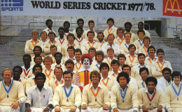 Kerry Packer contract cricketers pose with McDonald’s mascot ‘Ronald’ on the first day of the World Series 1977/78. This was the only photo taken of the entire group for the season.