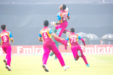 Windies celebrate during the ICC Under-19 World Cup semi-final between West Indies Under-19 and Bangladesh Under-19 at Sher-e-Bangla National Cricket Stadium, Mirpur Dhaka yesterday. @ICC Photo 