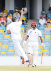 GOT ‘IM! Barbados Pride fast bowler Miguel Cummins celebrates the wicket of Johnson Charles on the opening day at Kensington Oval. (Photo courtesy WICB Media)  