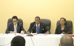 From left to right are commissioners Seenath Jairam, SC, and Sir Richard Cheltenham and Jacqueline Samuels-Brown, QC. 