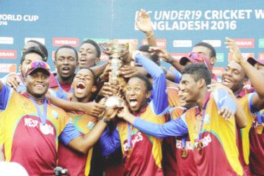 West Indies Under-19s celebrate their capture of their first ever ICC Youth World Cup. (Photo courtesy of WICB media) 
